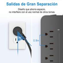 USB Multicontacto, Regleta de 1,2 m, 8 salidas, 3 puertos de carga USB, (5 V / 2 A), 1 puerto Type-C, Conector múltiple, Enchufe de pared con toma de corriente, Regleta para el hogar, oficina, dormitorio, Negro - Negro - Ver 4