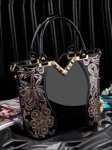 Fashionable Luxury Flower Embroidery Solid Color Zippered Patent Leather Ladies' Handbag, Large Capacity Business Style Female PU Leather Tote Hand Bag For Women, Suitable For Girls, Women, College Students, Office Workers, And White Collars, Ideal For Party Work, Business, Commuting, And School - Black - View 2