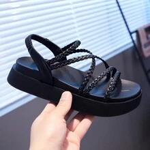 Của phụ nữ Màu thuần Lộ ra ngón chân Nêm Cao gót Nền tảng Dép xăng đan , Linh hoạt Phong cách - màu đen - Xem 2