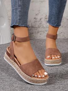Sandalias De Tacón De Cuña Para Mujer Con Suela Gruesa, Con Hebilla De Cinturón, Estilo Fisher, Decoradas Con Cuerda Y Remaches Metálicos - Camel - Ver 2