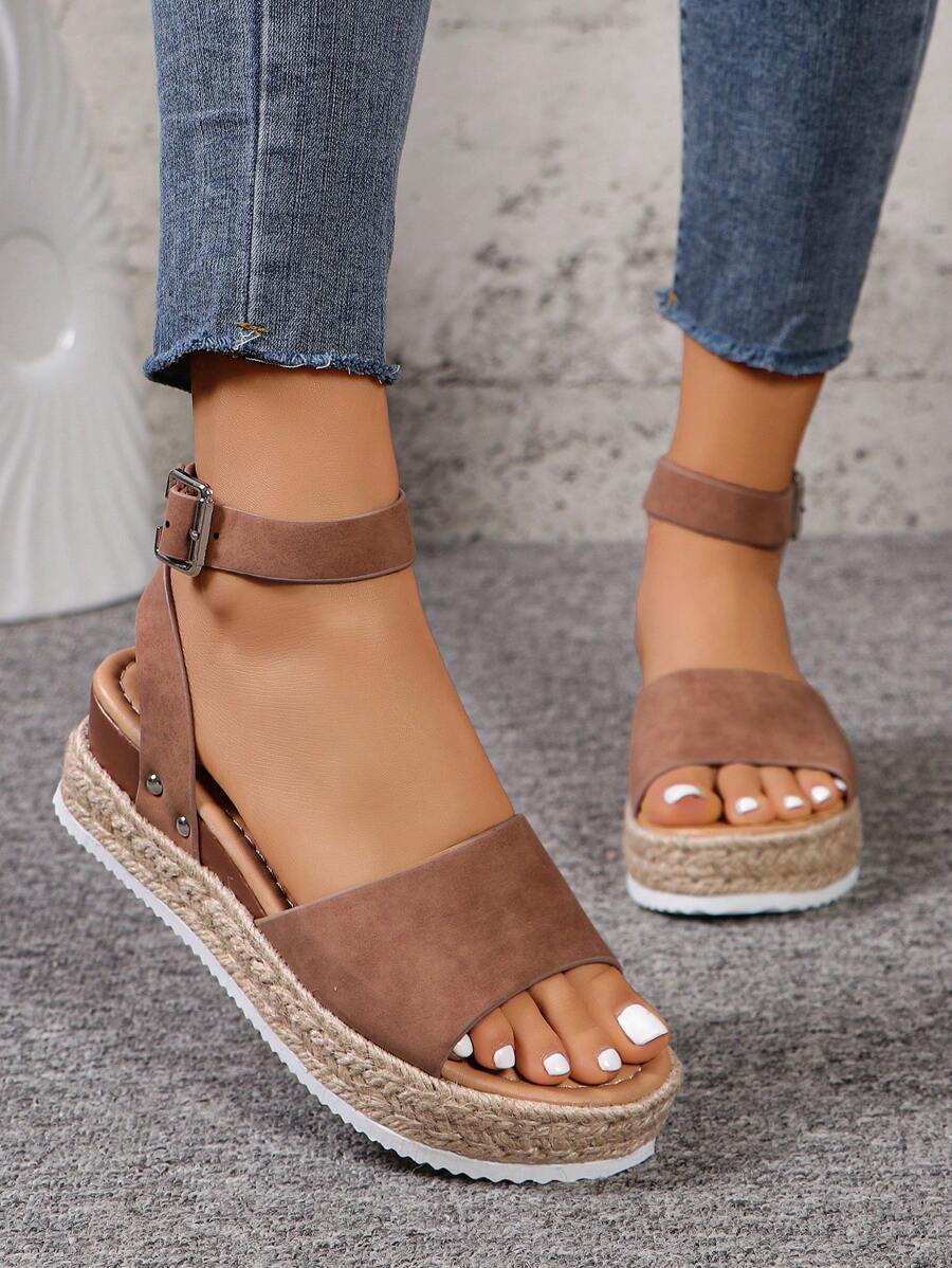 Sandalias De Tacón De Cuña Para Mujer Con Suela Gruesa, Con Hebilla De Cinturón, Estilo Fisher, Decoradas Con Cuerda Y Remaches Metálicos