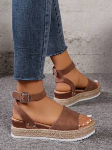 Sandalias De Tacón De Cuña Para Mujer Con Suela Gruesa, Con Hebilla De Cinturón, Estilo Fisher, Decoradas Con Cuerda Y Remaches Metálicos - Camel - Ver 4