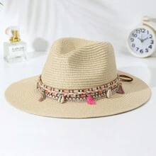 件裝女式波西米亞風格流蘇和貝殼裝飾女牛仔/牛仔帽，爵士巴拿馬帽，寬邊太陽帽適合日常佩戴