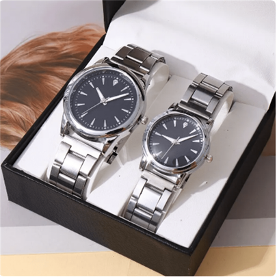 Reloj de pareja de 2 piezas con correa de acero de moda, reloj analógico de cuarzo con función de luz nocturna adecuado para uso diario, negocios y ocio