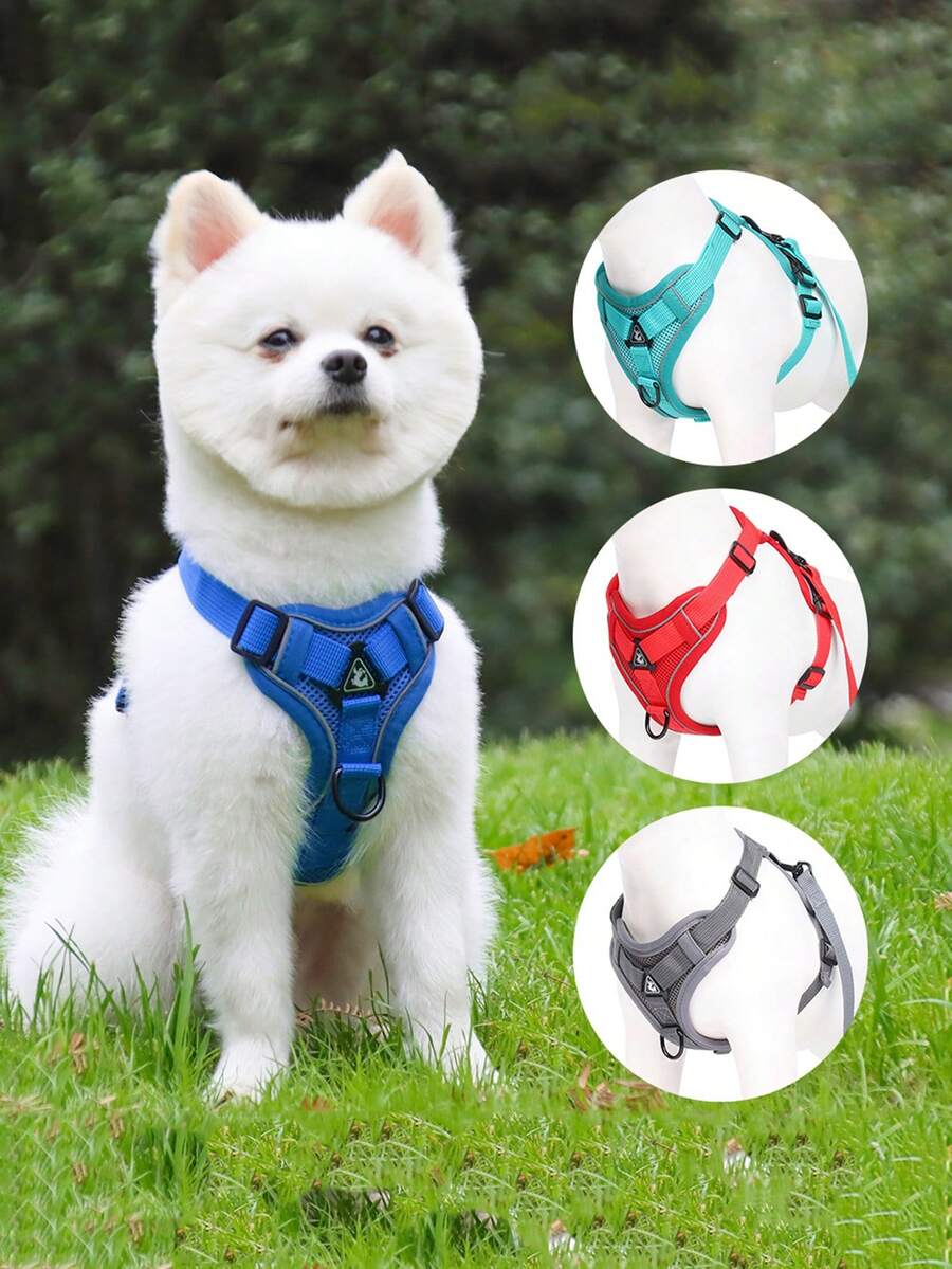 1套反光尼龍網寵物胸部背帶寵物背心式牽引繩,可在戶外使用