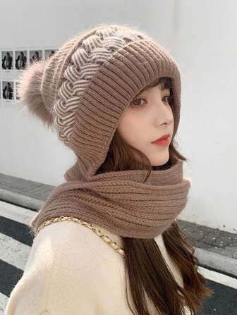 1 件女士羊毛帽围巾套装双色可爱冬季滑雪帽加厚保暖护耳针织帽围巾套装冬季围巾羊毛帽套装加厚防寒针织帽弹力针织无限围巾颈套男女户外女士冬季保暖一体针织帽围巾，多功能防风骑行护耳针织帽冬帽颈套，女士防冷保暖针织帽护耳帽