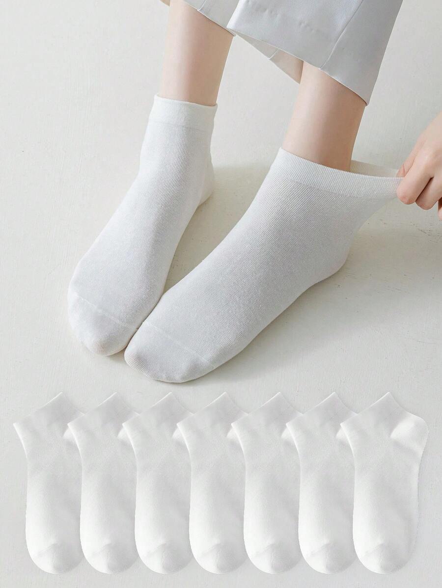 7pairs Solid Color Simple Crew Socks For Women - White - View 1