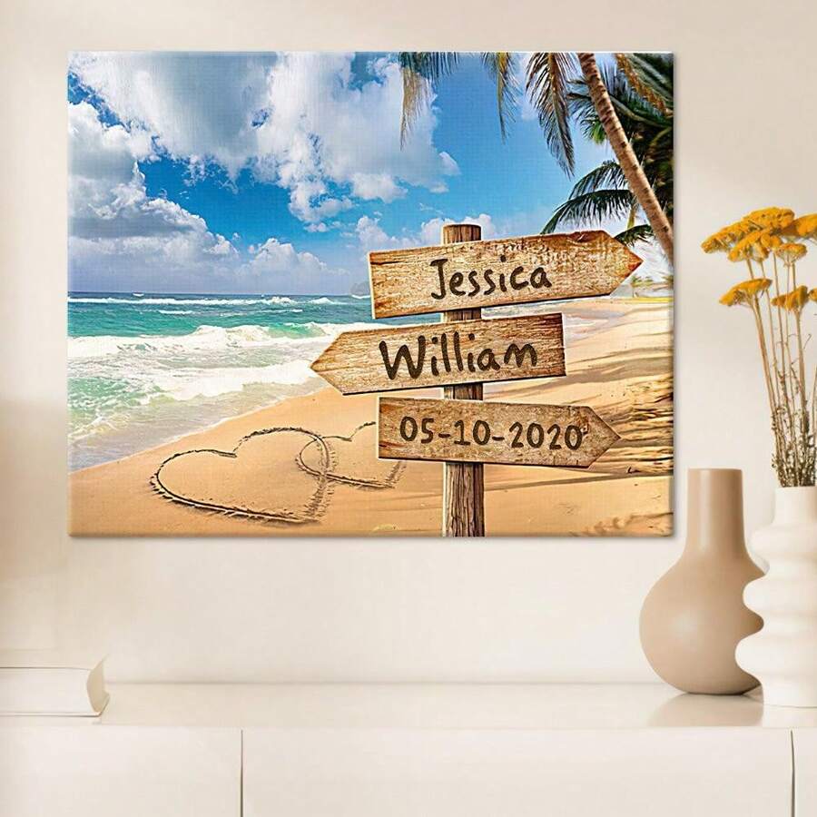 1pc Canvas Wall Art With Names & Date Romantic Couple Gift Anniversary