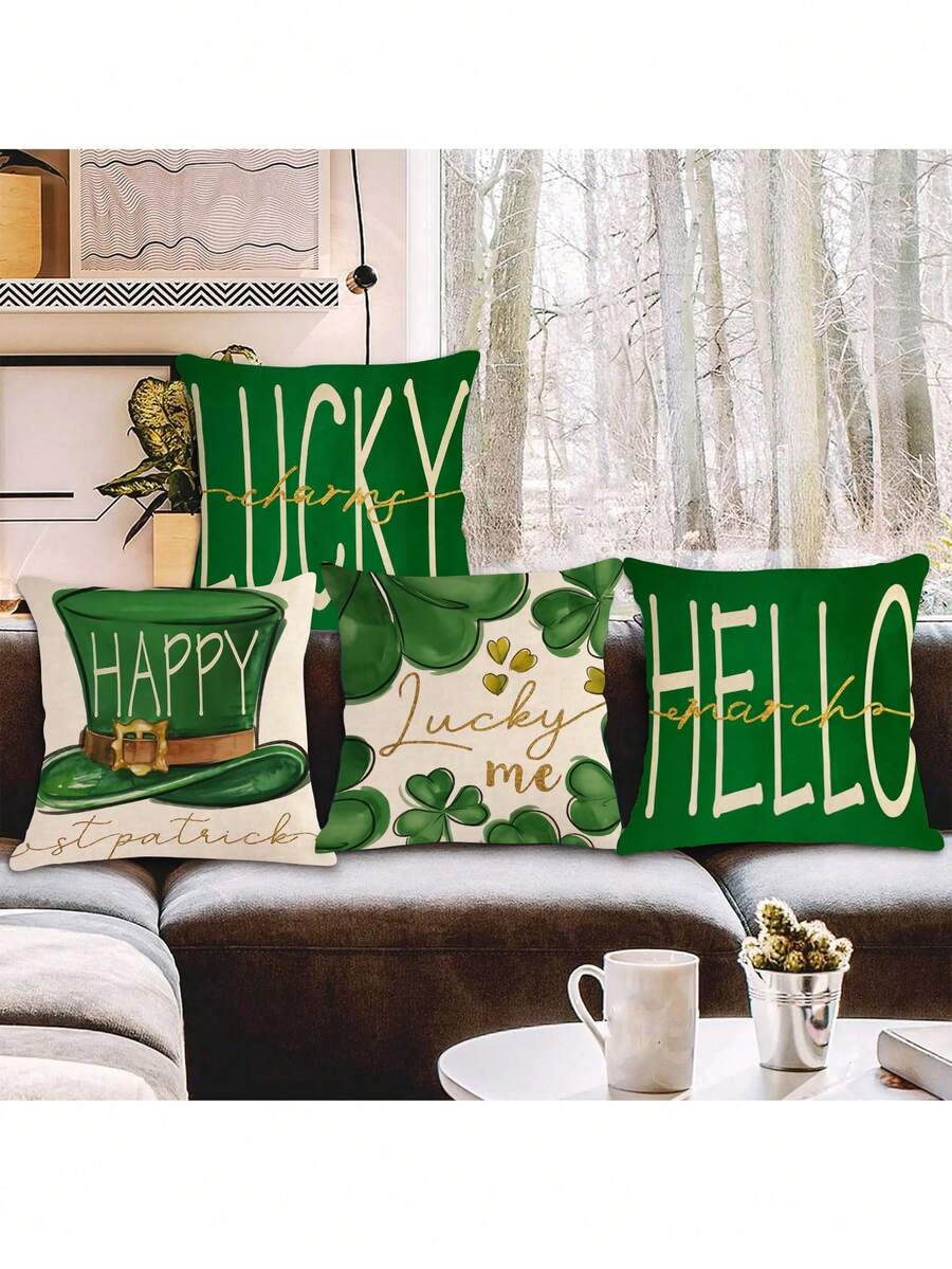 4入組聖派翠克節三葉草幸運小矮人圖案裝飾枕套（不含枕芯）,非常適合沙發裝飾 - 粉色 - 查看 1