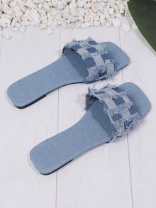 Teenagers' Fashionable Square Heel Denim Slip-Resistant And Wear-Resistant Flat Slippers For Outdoor, Vacation, Beach In Summer - Baby Blue - View 4