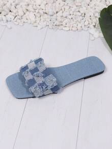 Teenagers' Fashionable Square Heel Denim Slip-Resistant And Wear-Resistant Flat Slippers For Outdoor, Vacation, Beach In Summer - Baby Blue - View 6