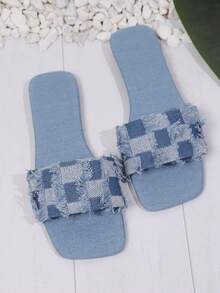 Teenagers' Fashionable Square Heel Denim Slip-Resistant And Wear-Resistant Flat Slippers For Outdoor, Vacation, Beach In Summer - Baby Blue - View 3