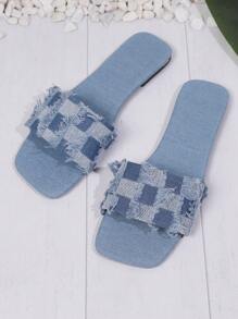 Teenagers' Fashionable Square Heel Denim Slip-Resistant And Wear-Resistant Flat Slippers For Outdoor, Vacation, Beach In Summer - Baby Blue - View 1