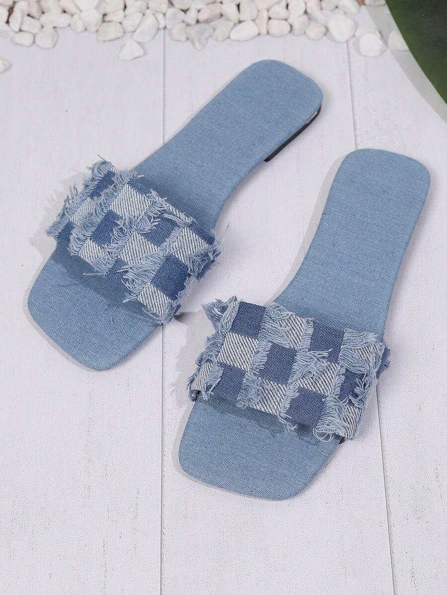 Teenagers' Fashionable Square Heel Denim Slip-Resistant And Wear-Resistant Flat Slippers For Outdoor, Vacation, Beach In Summer - Baby Blue - View 1