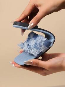 Teenagers' Fashionable Square Heel Denim Slip-Resistant And Wear-Resistant Flat Slippers For Outdoor, Vacation, Beach In Summer - Baby Blue - View 9
