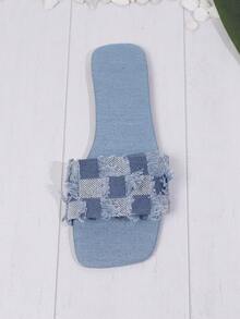Teenagers' Fashionable Square Heel Denim Slip-Resistant And Wear-Resistant Flat Slippers For Outdoor, Vacation, Beach In Summer - Baby Blue - View 7