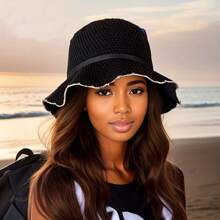 Boho 1 Mũ Xô thời trang có thể gập lại, Mũ chống nắng cổ điển, Mũ len dệt kim nữ có dây chống gió làm quà tặng - Chu vi vòng đầu 56cm-58cm - Xem 3