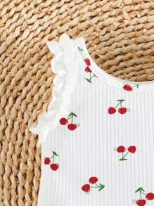 夏季女寶寶可愛櫻桃圖案無袖上衣配休閒短褲，甜美幼兒女裝 - 白色 - 查看 3
