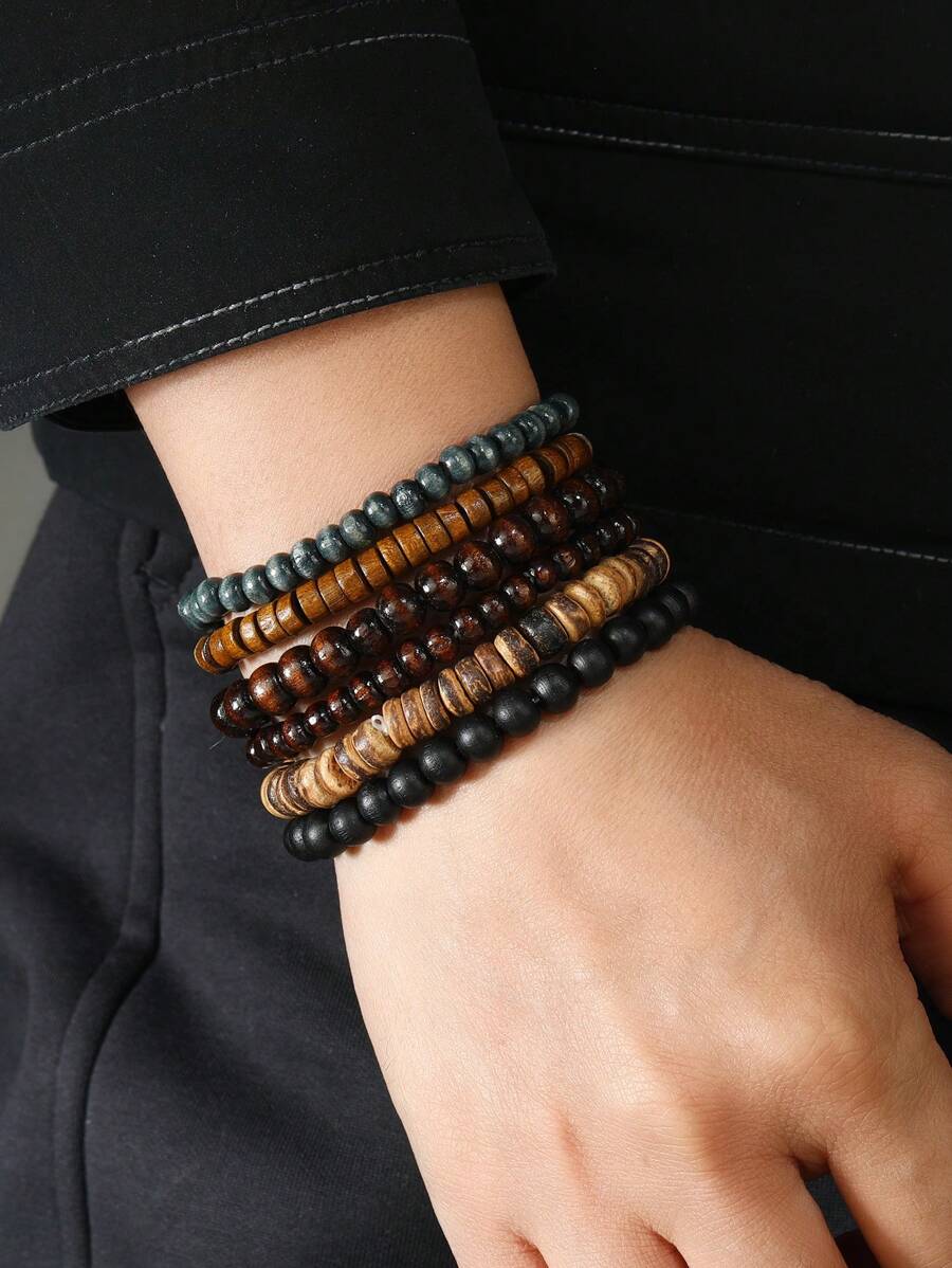 6 Piezas Pulsera De Cuentas De Madera Para Hombres - 6 piezas - Ver 1