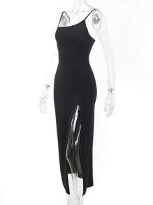 Vestido de vendaje  de muslo con abertura de espalda abierta cóctel ajustado - Negro - Ver 5