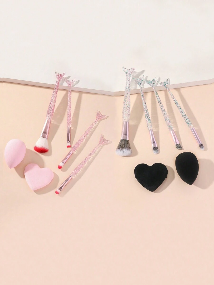 4件套美人鱼化妆刷套装，含粉芯水晶棒散粉眼影刷，美妆工具 + 1个爱心气垫粉扑 + 1个干湿两用化妆蛋，适合日常化妆，化妆刷套装，化妆刷套装，化妆刷套装，全套化妆刷，化妆刷套装，化妆刷套装，化妆礼盒套装 - 彩色 - 查看 1