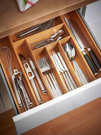 1pc Expandable And Adjustable Bamboo Kitchen Utensil Storage Box, Drawer Organizer With Multiple Dividers For Kitchen Tool And Cutlery, Multifunctional Storage Rack For Cabinet, With Built-In Compartment For Cutlery Separation, Suitable For Sorting Knives, Forks, And Chopsticks, Desktop Storage Box For Small Hardware Tools, Available In Various Styles And Sizes