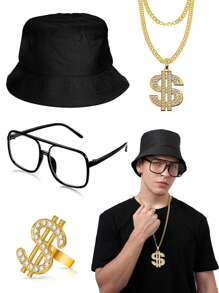 Conjunto De Ropa Hip-hop De 4 Piezas Con Accesorios De Raperos De Los Años 80/90s Que Incluyen Sombrero De Cubo, Gafas De Sol, Cadena De Oro, Anillo Para Hombres Y Mujeres - Dorado - Ver 1