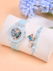 Đồng hồ đeo tay trẻ em có đèn LED phát sáng, Đồng hồ đeo tay thạch anh bướm tím cho bé gái, với bộ vòng tay dây dệt có thể điều chỉnh, 2 chiếc - Màu xanh nhạt - Xem 5