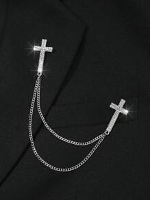 1pc Fashionable European & American Style Full Rhinestone Cross Necklace Brooch For Men - Silver - View 4