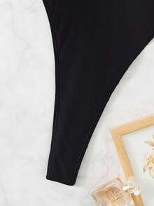 Women New Solid Color Open Back Sexy Strap One-Piece Swimsuit - Black - View 5