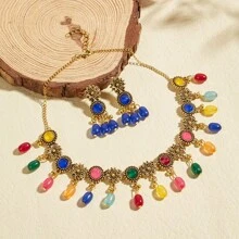 3 cái/bộ Thanh lịch Retro Hợp kim Hoa Có màu sắc Hạt Vật rủ xuống Phong cách Bohemian Bộ trang sức Thích hợp Đối với Của phụ nữ Hằng ngày Lễ cưới Mặc Quý cô Qủa tặng Phụ kiện Bộ - loại hoa - Xem 5