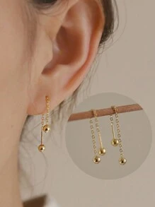 BALMORA 一對簡約時尚S925純銀韓國珠長鏈耳針，優雅金色耳環，適用於女士派對配飾，作為禮物或度假之用 - 金色 - 查看 2