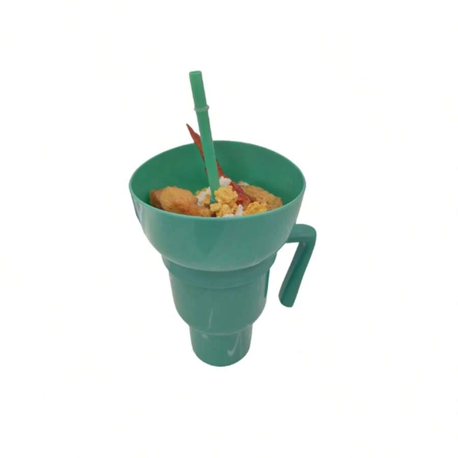 1pc Creative Popcorn & Drink Holder Cup With Handle And Straw