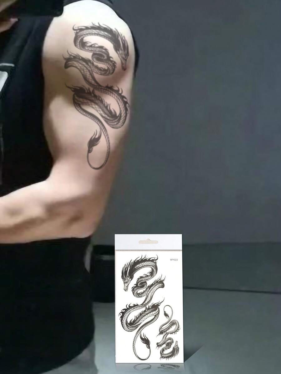 大型 3D 中国龙图腾临时纹身 - 防水可移除身体贴纸 - 彩色 - 查看 1