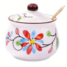 1pc Ceramic Sugar Bowl With Lid And Stainless Spoons, For Home Kitchen Restaurant Hotel, Kitchen Supplies, Tableware Accessories - Multicolor - View 3