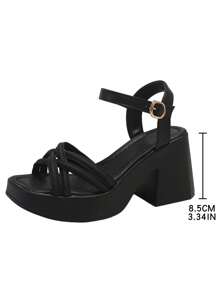 Women's Platform Thick Heel Sandals, Large Size Block Heel Strap Sandals, Fashion Versatile High Heel Square Toe Increased Height Black Sandals For Summer