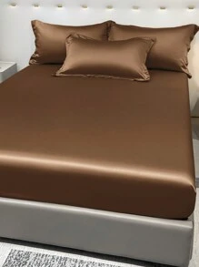 1pc Satin Solid Color Fitted Sheet, Deep Coffee Color Ice Silk Bed Cover, Bedding Set