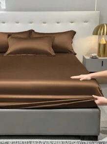 1pc Satin Solid Color Fitted Sheet, Deep Coffee Color Ice Silk Bed Cover, Bedding Set