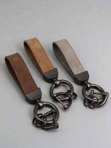 1個多色新款毛茸茸皮革汽車鑰匙扣,帶金屬防丟鑰匙環和可定制的徽標印刷,皮革鑰匙 - 卡其色 - 查看 4