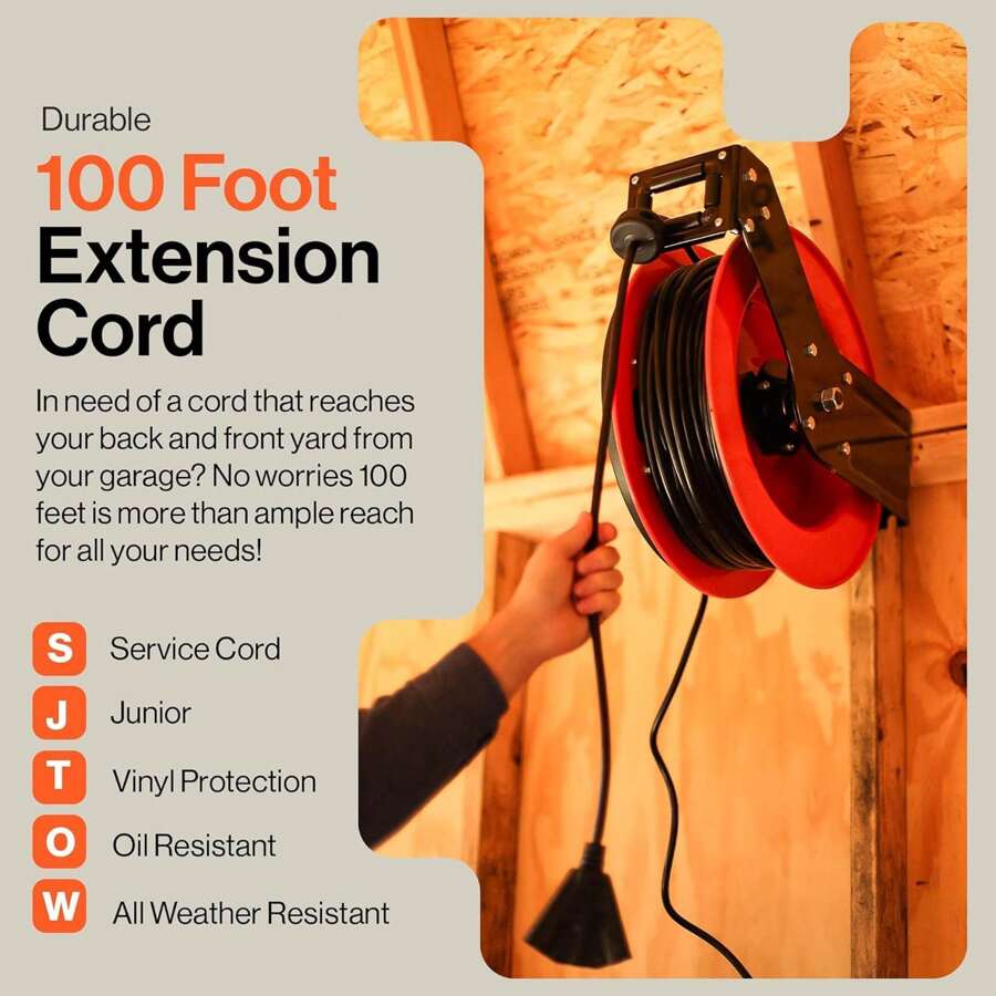 SuperHandy Industrial Retractable Extension Cord Reel 14AWG X 100' Ft, 3 Grounded Outlets, Max