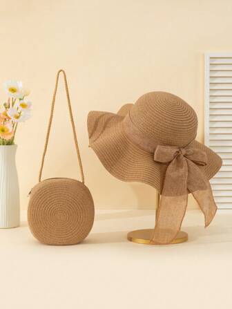 Boho 2pcs/Set Khaki Wave Pattern Beach Sun Hat And Round Woven Bag, Suitable For Daily Vacation Travel