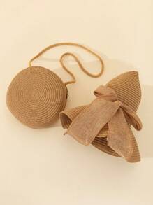 Boho 2pcs/Set Khaki Wave Pattern Beach Sun Hat And Round Woven Bag, Suitable For Daily Vacation Travel Valentines Gift - Khaki - View 5