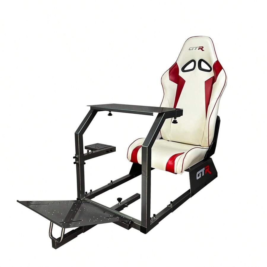 GTR Simulator GTA Model Racing Simulator Cockpit Black Frame With Adjustable Speciale White/Red Racing Seat, Racing Rig Control Mounts For Racing Game / Sim Racing Setup Fits Moza R3 R5 R9 R12 R16 R21 Fanatec ClubSport Podium CSL, Sim-Lab Playseat Simagic FX Pro GT4 GTS GTC GT Pro GT1, Simucube G27 G29 G920 G923, T300RS T818 T248 T128, Forza Horizon, Assetto Corsa, IRacing. Wheel Shifter Pedals NOT Included - Black - View 1