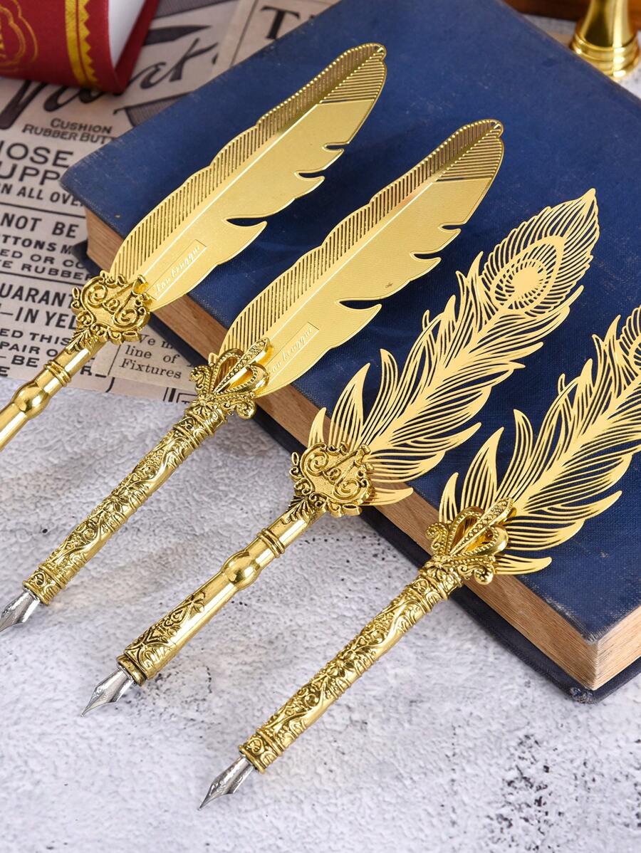 Peacock Feather Design Classic Vintage Metal Dip Pen, Ink Pen Gift Set