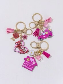 Móc khóa tua rua hình bông hoa màu hồng dễ thương hình ngôi nhà trái tim với chất liệu hợp kim, món quà tuyệt vời cho ngày của mẹ - Màu Hồng Tươi - Xem 5