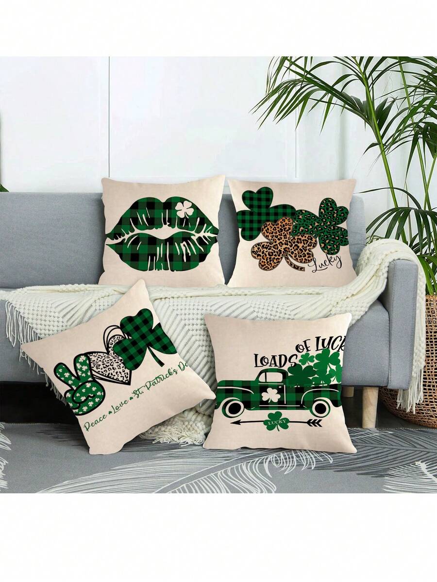 4 cái/bộ Ngày St. Patrick May mắn Four-leaf Clover Màu xanh lá Kẻ sọc Mô hình Gối trang trí Che phủ ( Gối Bên trong Không bao gồm ) Đến trang trí Gia đình Sofa - Hồng - Xem 1