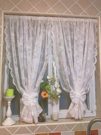 1pc White Rose Double Layer Lace Border Sheer Curtains