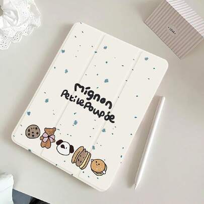 可愛熊餅幹圖案防摔矽膠平板電腦套,配筆槽和睡眠/喚醒功能支援,適用於三星、華為、小米、ipad等品牌設備