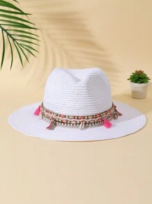 件裝女式波西米亞風格流蘇和貝殼裝飾女牛仔/牛仔帽，爵士巴拿馬帽，寬邊太陽帽適合日常佩戴