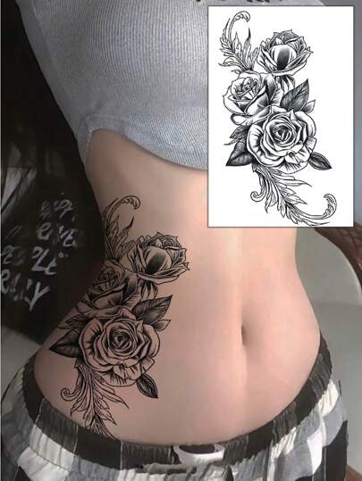 1 件性感玫瑰花卉临时纹身，腰部假纹身贴纸，黑色花朵防水纹身贴，男女皆宜，逼真的一次性纸质纹身贴纸，适用于手臂、腿、前臂、背部、腰部、胸部和锁骨